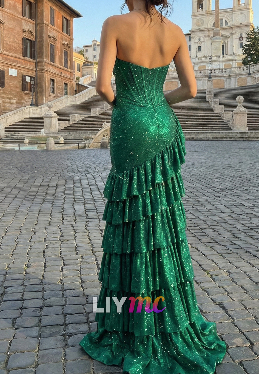 Sweetheart Sparkly Tiered A-Mermaid Prom Dress