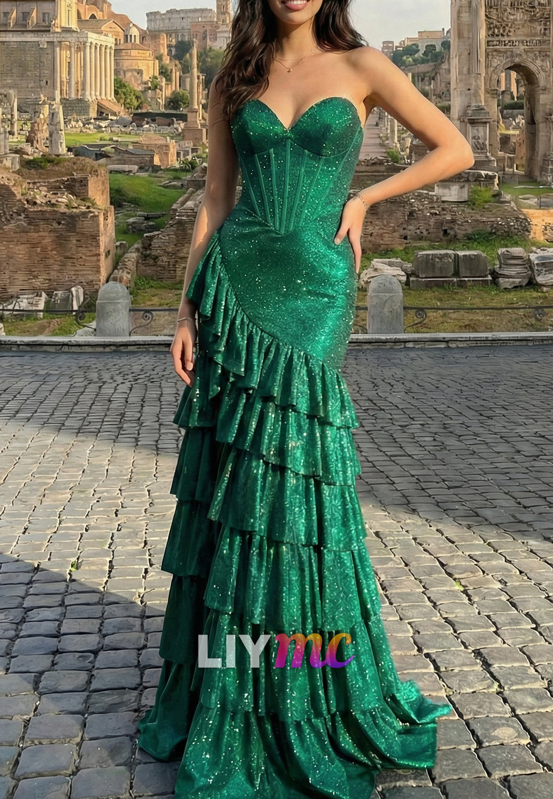 Sweetheart Sparkly Tiered A-Mermaid Prom Dress