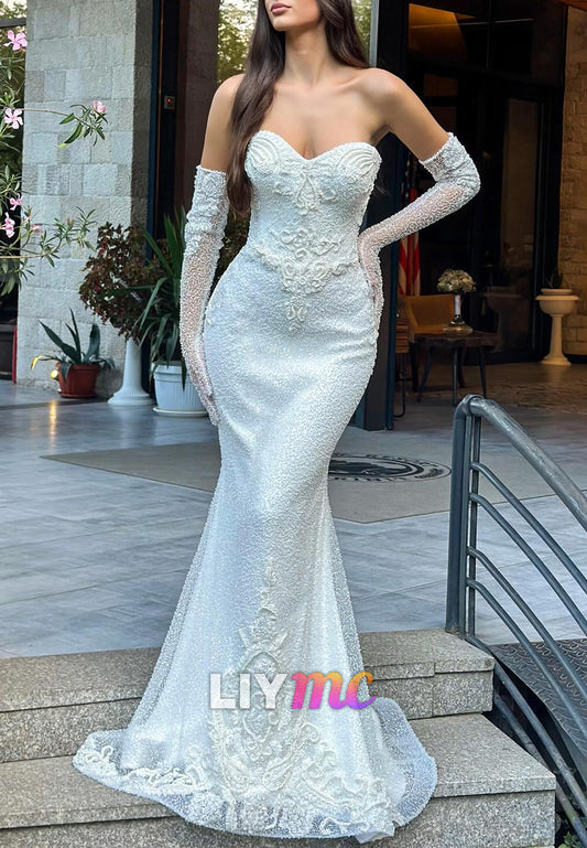 Sweetheart Strapless Appliques Beaded Embroidery Mermaid Prom Dress