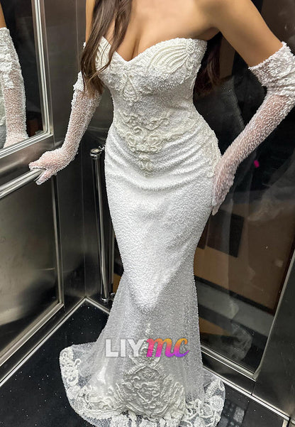 Sweetheart Strapless Appliques Beaded Embroidery Mermaid Prom Dress