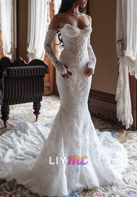 Sweetheart Strapless Appliques Beaded Lace Mermaid Wedding Dress