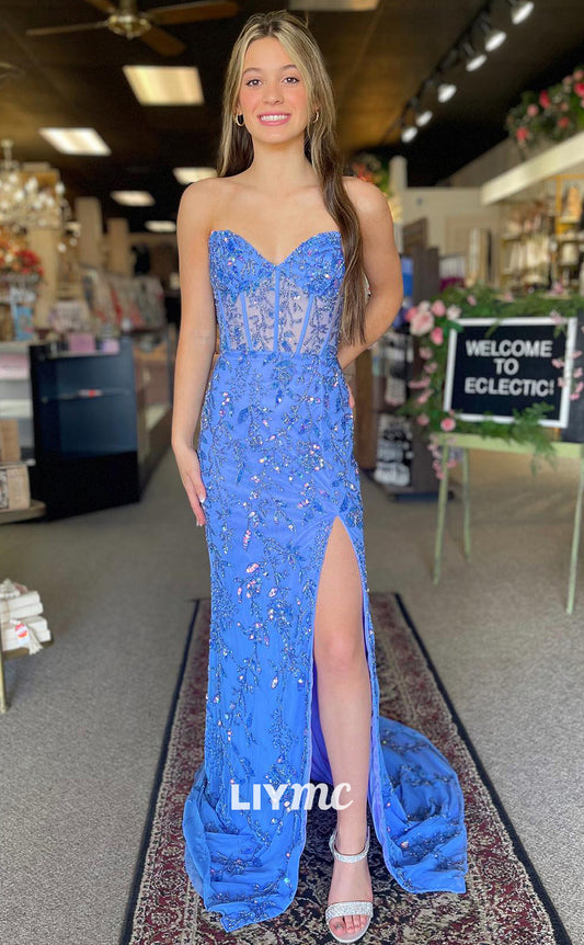 LP1367 - Sweetheart Strapless Appliques Beaded Side Slit Sheer Lace-Up Mermaid Prom Dress