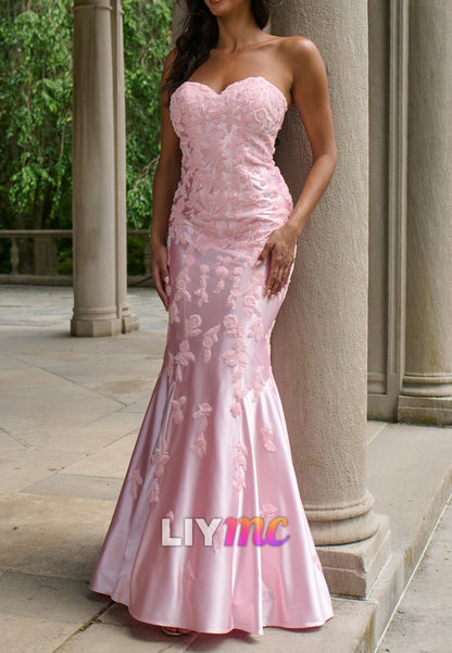 Sweetheart Strapless  Appliques Mermaid Pink Prom Dress
