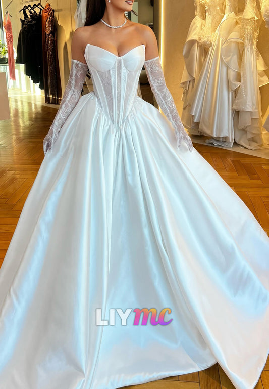 Sweetheart Strapless Appliques Satin A-Line Wedding Dress