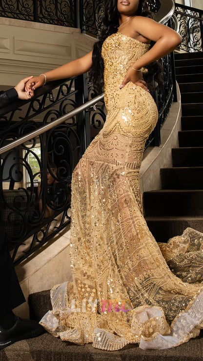 Sweetheart Strapless Beaded Embroidery Appliques Mermaid Prom Dress