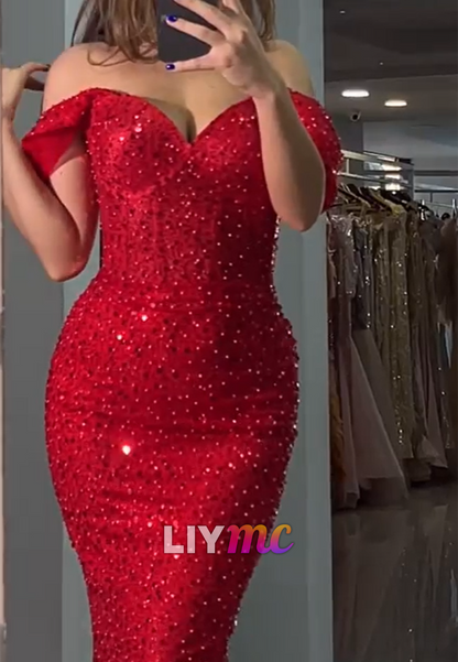 Sweetheart Strapless Beaded Embroidery Red Mermaid Prom Dress