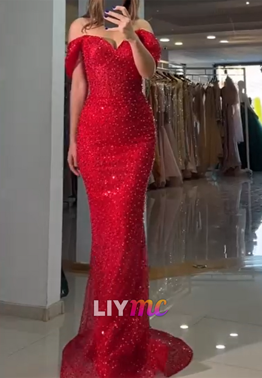 Sweetheart Strapless Beaded Embroidery Red Mermaid Prom Dress
