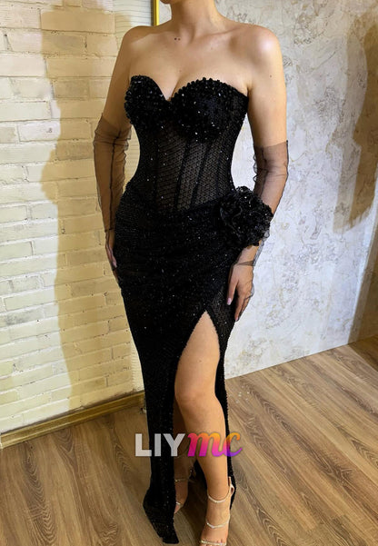 Sweetheart Strapless Beaded Embroidery Side Slit Prom Dress