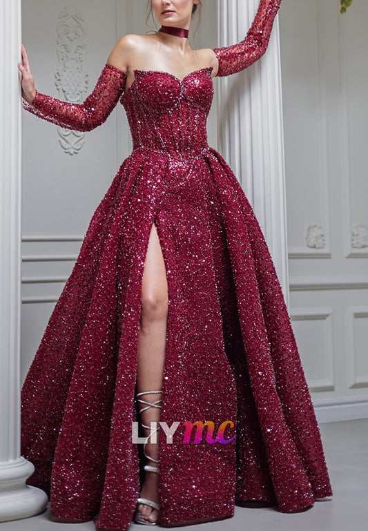Sweetheart Strapless Beaded Embroidery Sparkly A-Line Prom Dress