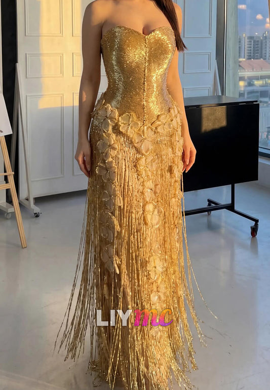 Sweetheart Strapless Beaded Fringe Sparkly A-Line Prom Dress