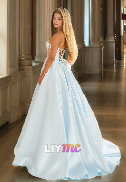 V-Neck Strapless Beaded Illusion Pleated Satin A-Line Prom Dress