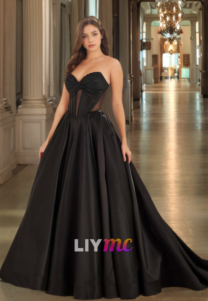 V-Neck Strapless Beaded Illusion Pleated Satin A-Line Prom Dress