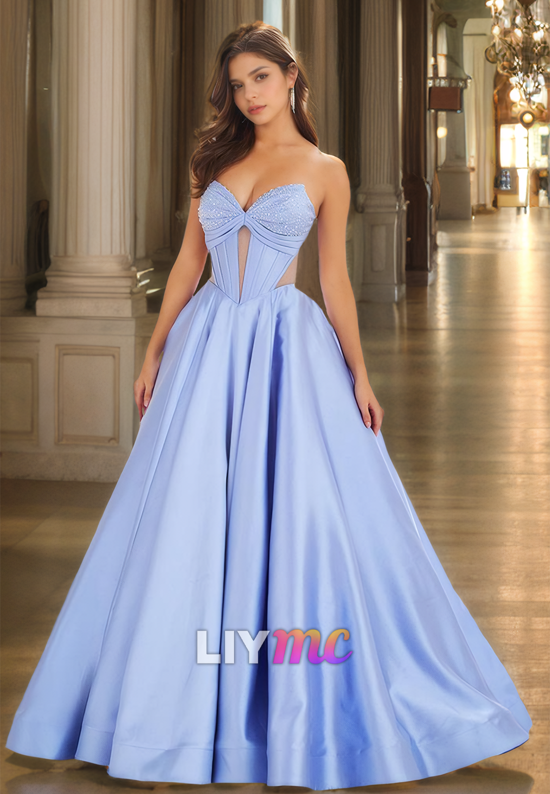 V-Neck Strapless Beaded Illusion Pleated Satin A-Line Prom Dress