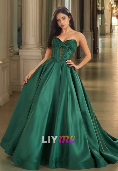 V-Neck Strapless Beaded Illusion Pleated Satin A-Line Prom Dress