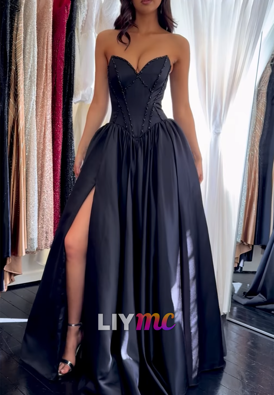 Sweetheart Strapless Beaded Side Slit A-Line Prom Dress