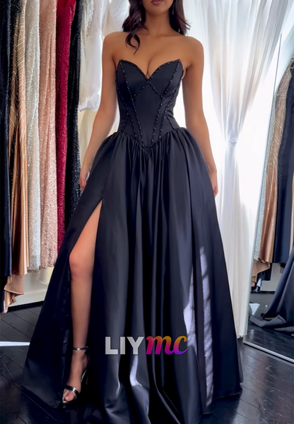 Sweetheart Strapless Beaded Side Slit A-Line Prom Dress