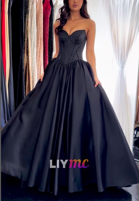 Sweetheart Strapless Beaded Side Slit A-Line Prom Dress