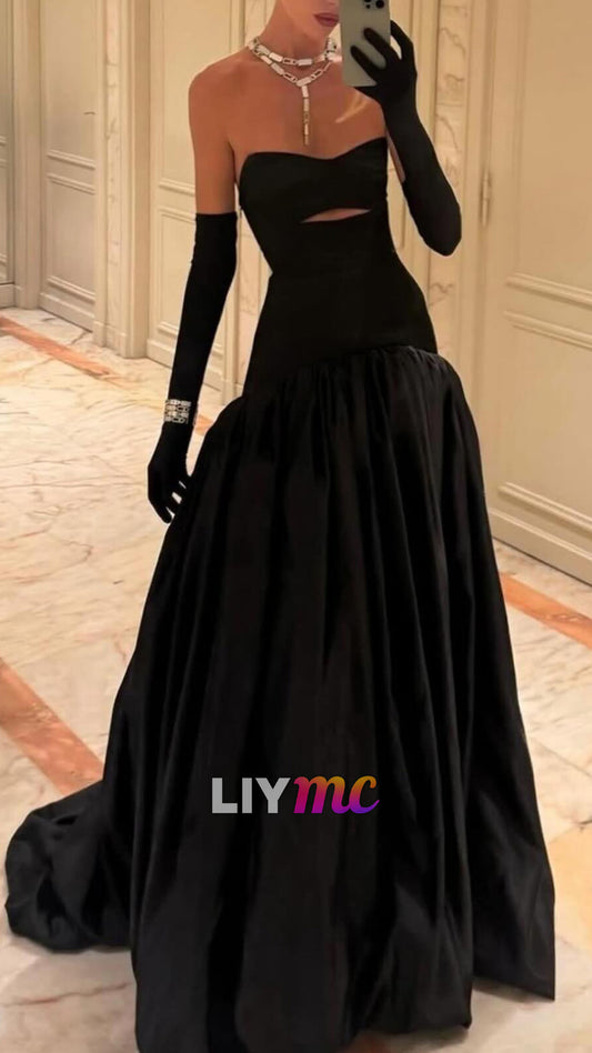 Sweetheart Strapless Black A-Line Evening  Dress with Gloves