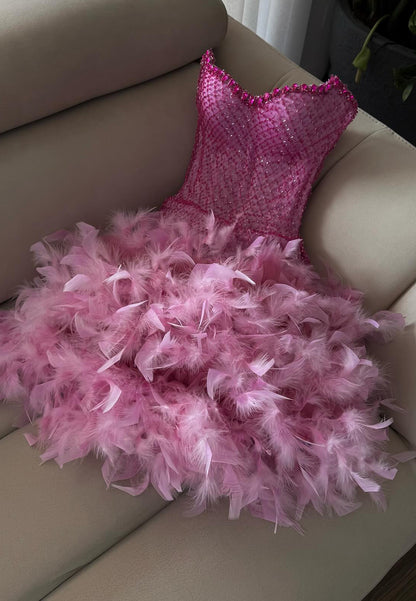 Sweetheart Strapless Feathered A-Line Short Party Dress