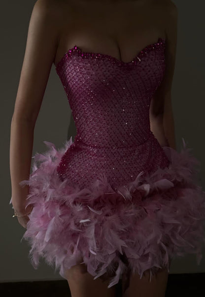 Sweetheart Strapless Feathered A-Line Short Party Dress