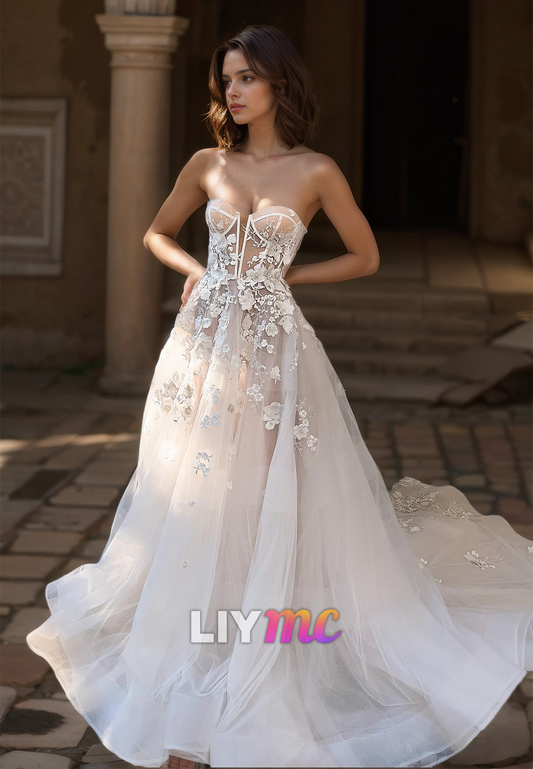 Sweetheart Strapless Floral Embellished A-Line Wedding Dress