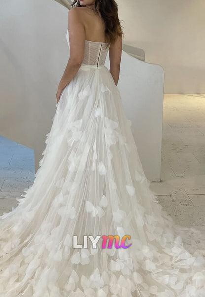 Sweetheart Strapless Floral Embellished Pleated A-Line Wedding Dress