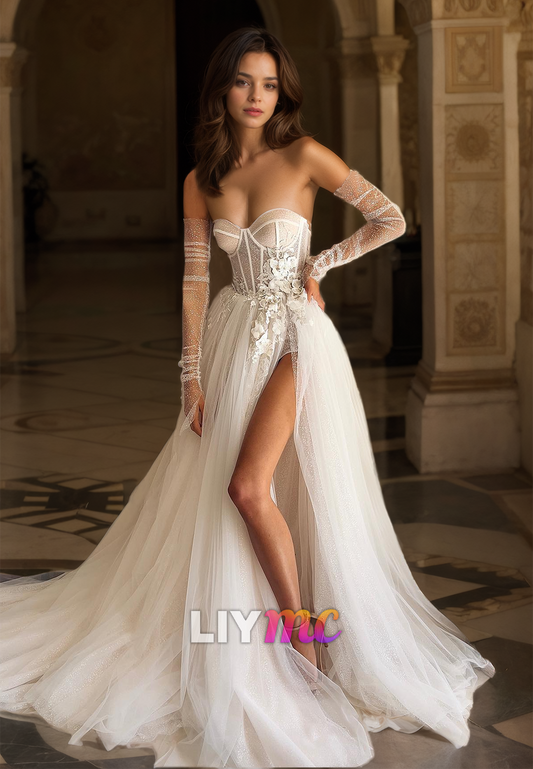 Sweetheart Strapless Floral Embellished Tulle A-Line Wedding Dress