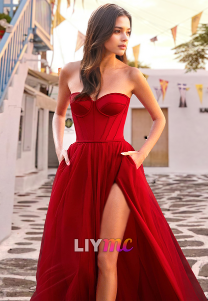 Sweetheart Strapless High Slit Pleated A-Line Prom Dress