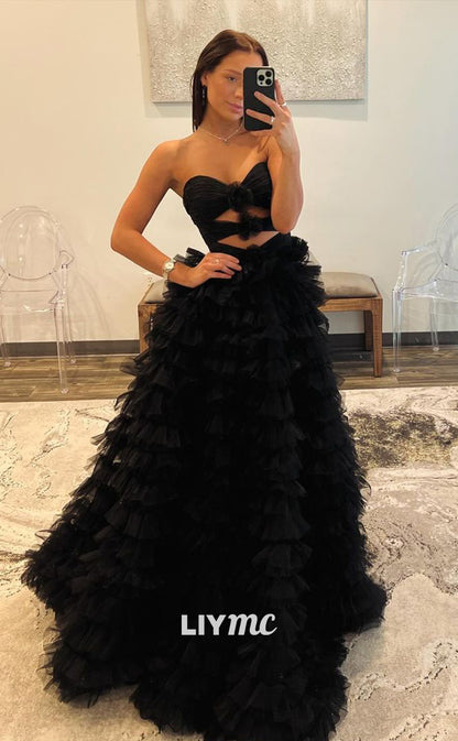 LP1265 - Sweetheart Strapless Tiered Illusion Cutout Ball Gown Prom Dresses