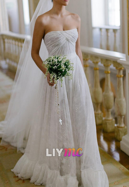 Sweetheart Strapless Lace Appliques A-Line Wedding Dress