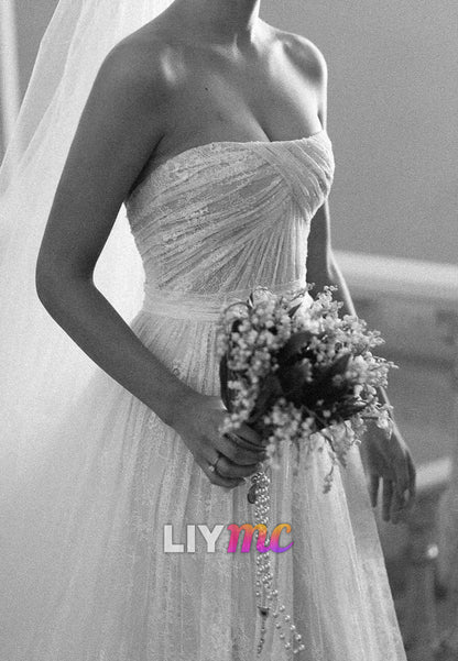 Sweetheart Strapless Lace Appliques A-Line Wedding Dress