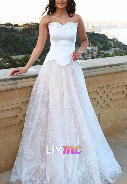 Sweetheart Strapless Lace Appliques Corset A-Line Wedding Dress