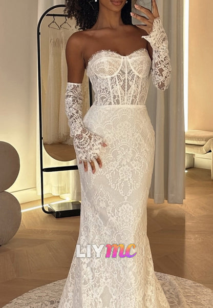Sweetheart Strapless Lace Appliques Mermaid Summer Wedding Dress