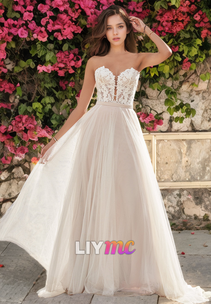 Sweetheart Strapless Lace Appliques Removable Train Beach Wedding Dress