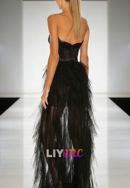 Sweetheart Strapless Lace Appliques Tulle A-Line Prom Dress