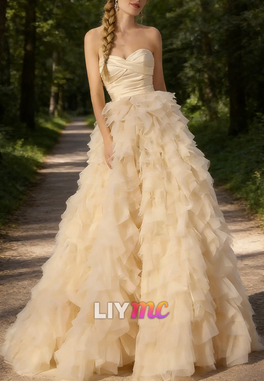 Sweetheart Strapless Light Champagne Tulle Tiered Prom Gown