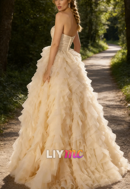 Sweetheart Strapless Light Champagne Tulle Tiered Prom Gown