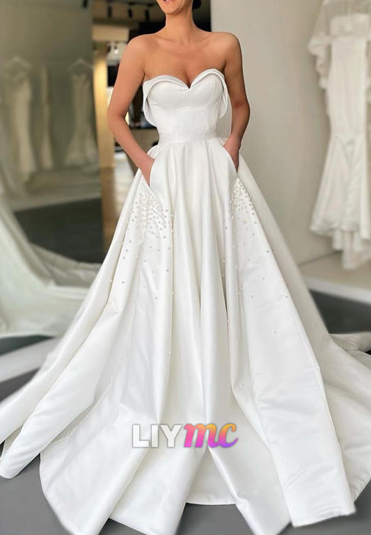 Sweetheart Strapless Pearl A-Line Satin Wedding Dress