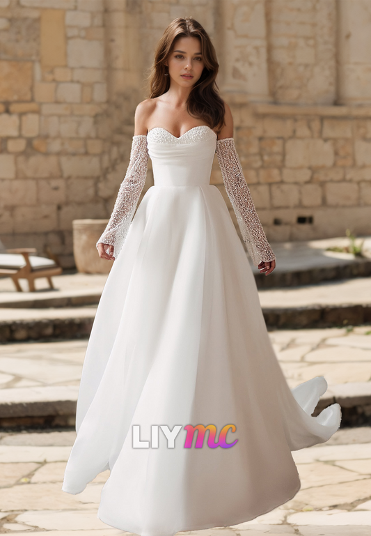 Sweetheart Strapless Pearl Beaded Ball Gown Wedding Dress