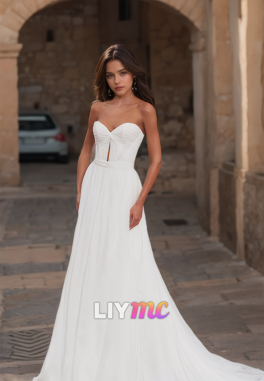 Sweetheart Strapless Pleated Illusion A-Line Beach Wedding Dress