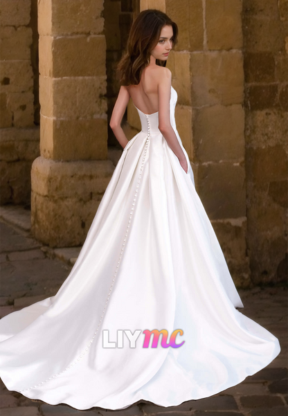 Sweetheart Strapless Ruched Pleated Sleek Satin A-Line Wedding Dress