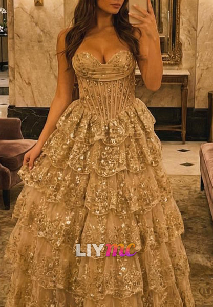 Sweetheart Strapless Sequins Appliques Tiered A-Line Prom Dress