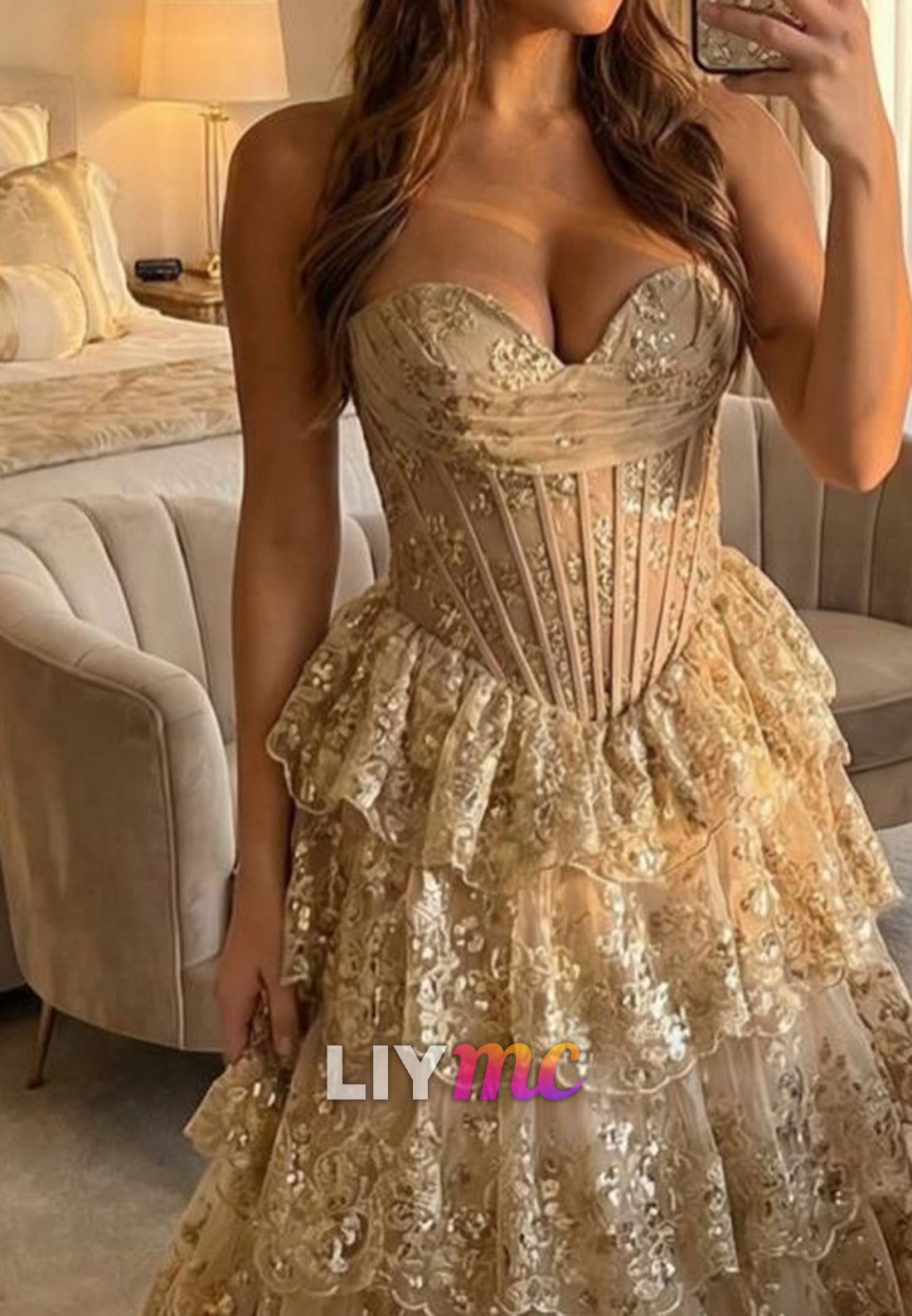 Sweetheart Strapless Sequins Appliques Tiered A-Line Prom Dress