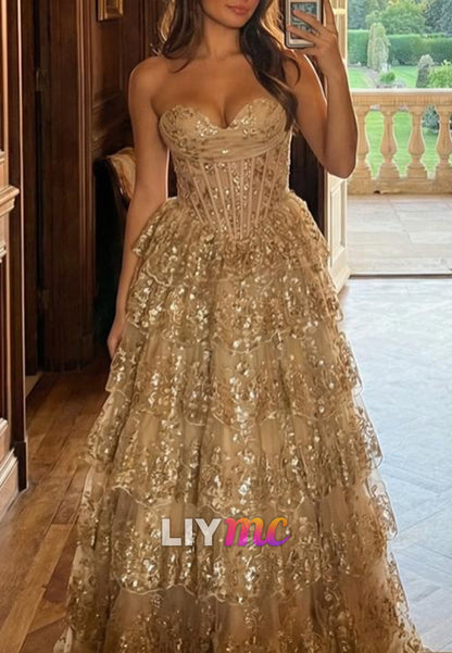Sweetheart Strapless Sequins Appliques Tiered A-Line Prom Dress