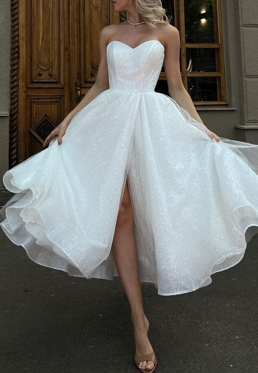 Sweetheart Strapless Sparkly Pleated Midi A-Line Wedding Dress
