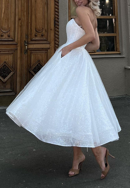 Sweetheart Strapless Sparkly Pleated Midi A-Line Wedding Dress