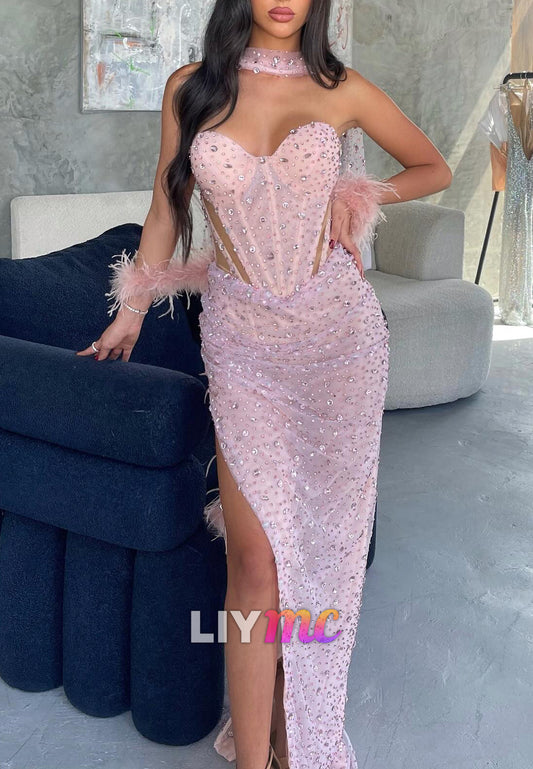 Sweetheart Strapless Sparkly Pleated Sheath Prom Dress
