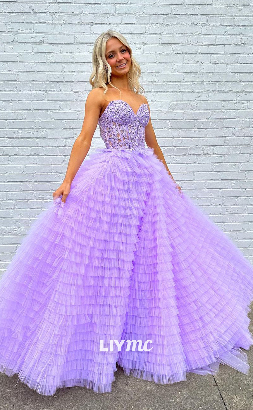 LP1295 - Sweetheart Strapless Tiered Lace Appliques Long Prom Dress