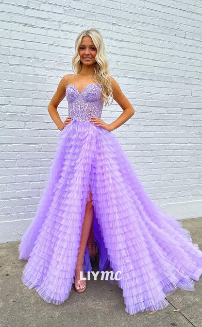 LP1295 - Sweetheart Strapless Tiered Lace Appliques Long Prom Dress