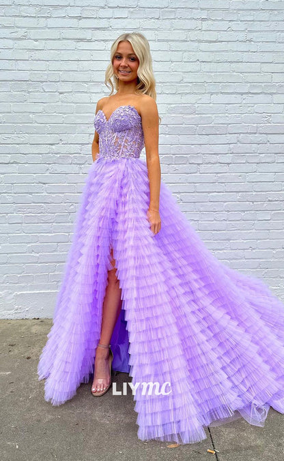 LP1295 - Sweetheart Strapless Tiered Lace Appliques Long Prom Dress